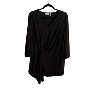 Susan Graver Sz 1X Black Liquid Knit 3/4 Sleeve V-Neck Gathered Side Tunic Top